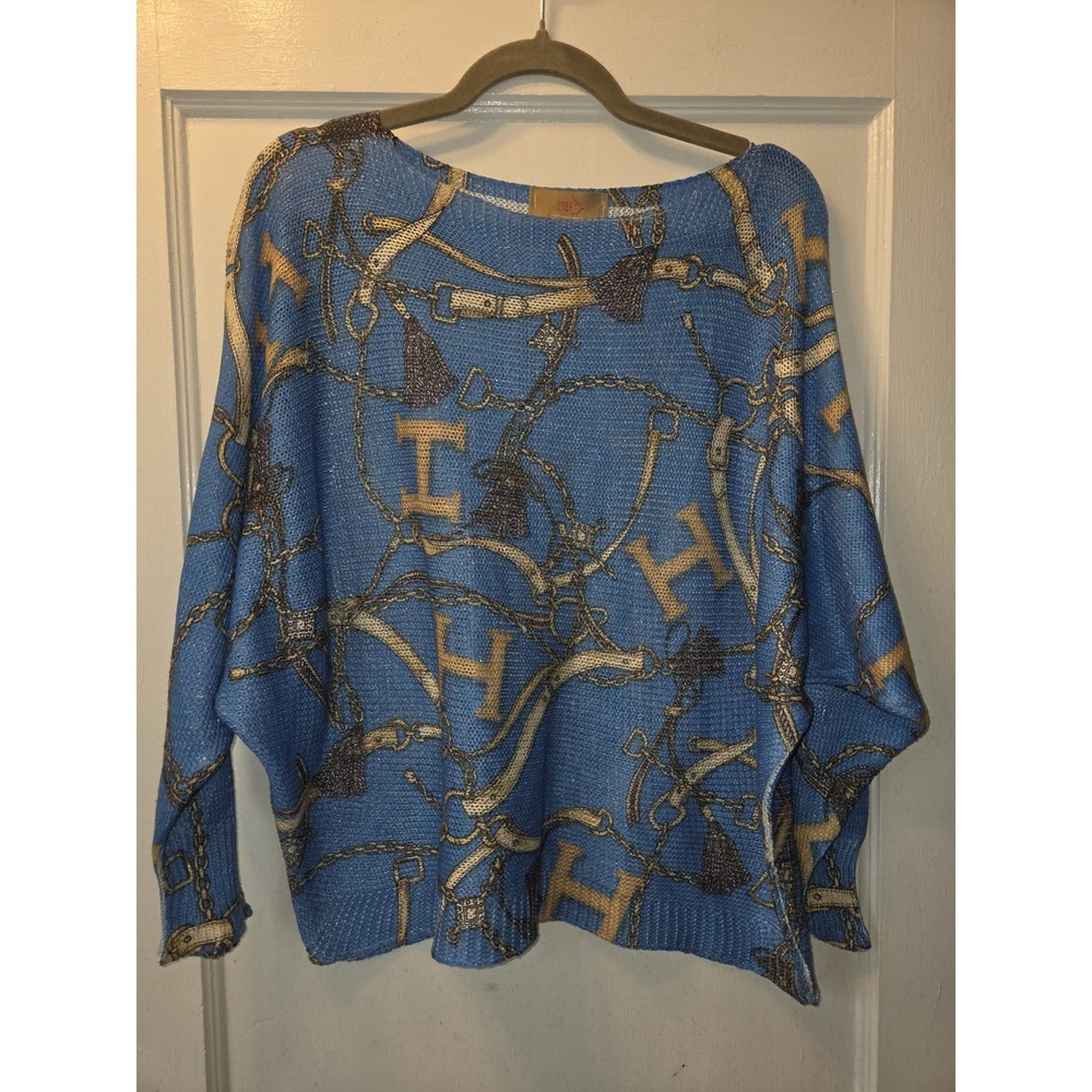 Free For Humanity Sweater OS Viscose Halston Graphic Equestrian Chain Blue Italy